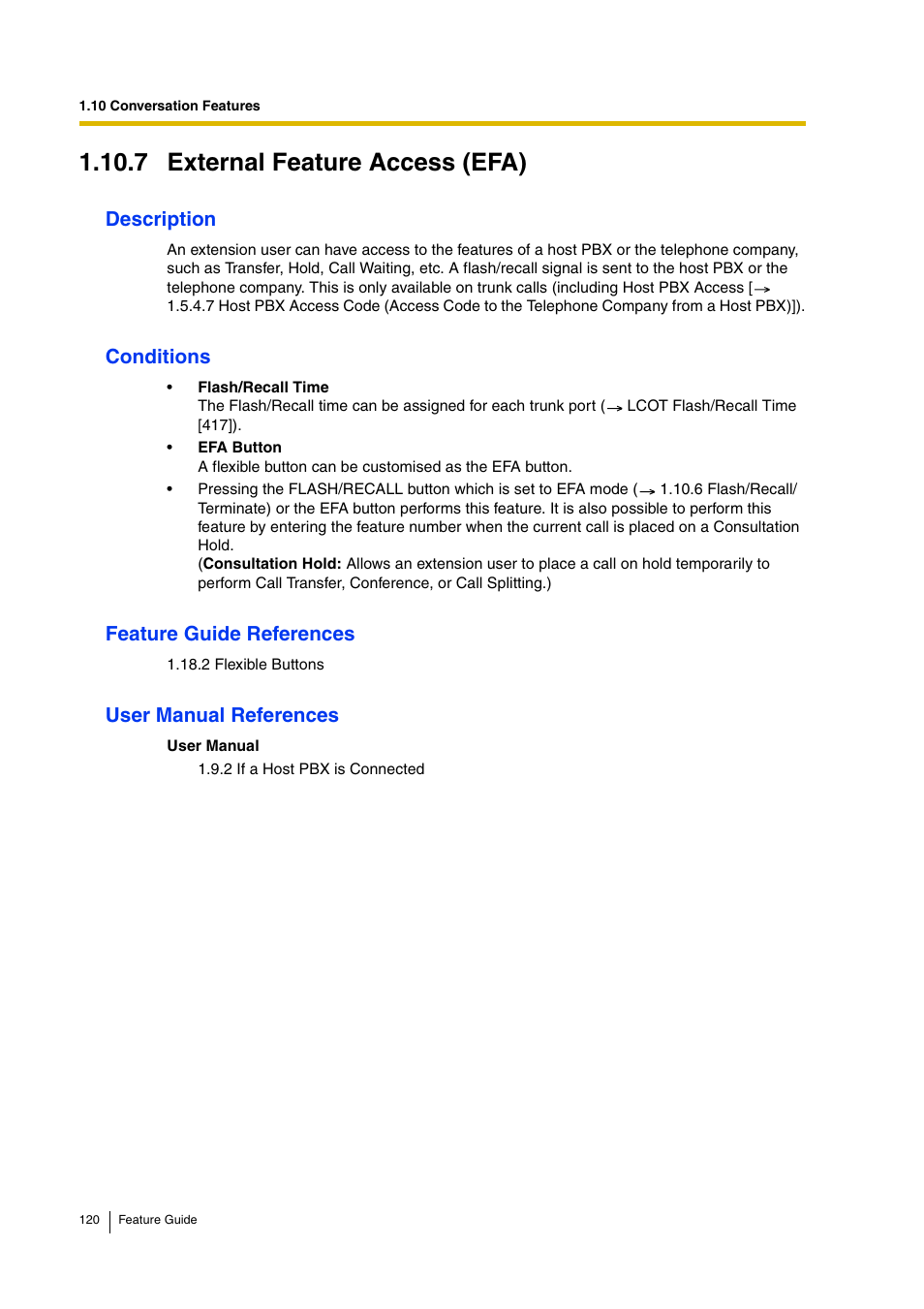 7 external feature access (efa), 7 external feature access (efa)), Description | Conditions, Feature guide references, User manual references | Panasonic HYBRID IP-PBX KX-TDA200 User Manual | Page 120 / 358