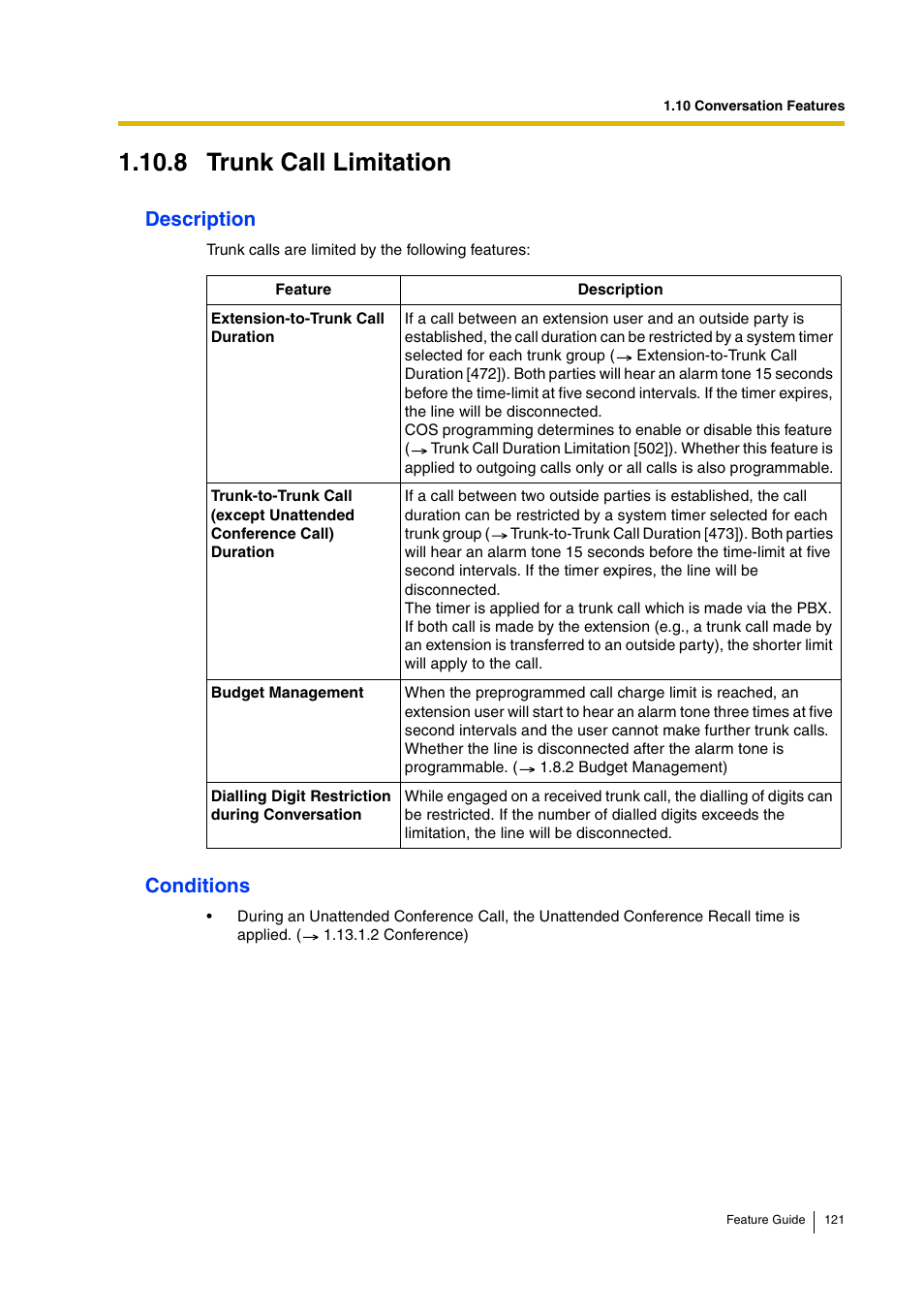 8 trunk call limitation, Description, Conditions | Panasonic HYBRID IP-PBX KX-TDA200 User Manual | Page 121 / 358