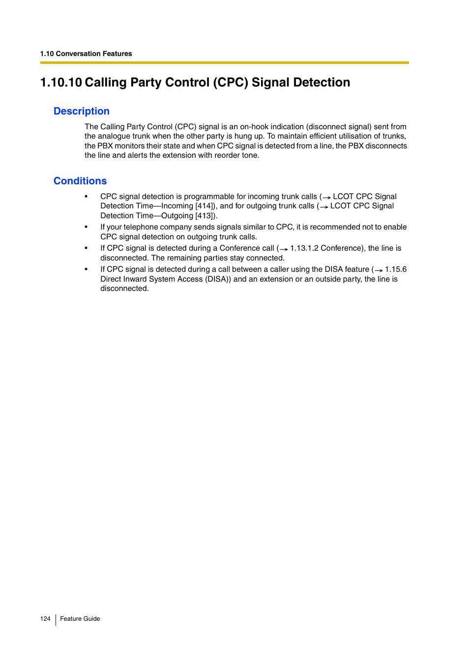 10 calling party control (cpc) signal detection, Description, Conditions | Panasonic HYBRID IP-PBX KX-TDA200 User Manual | Page 124 / 358