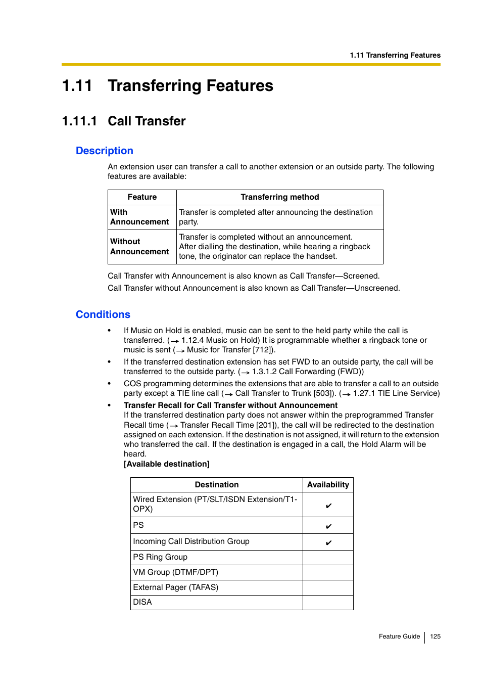 11 transferring features, 1 call transfer, Description | Conditions | Panasonic HYBRID IP-PBX KX-TDA200 User Manual | Page 125 / 358