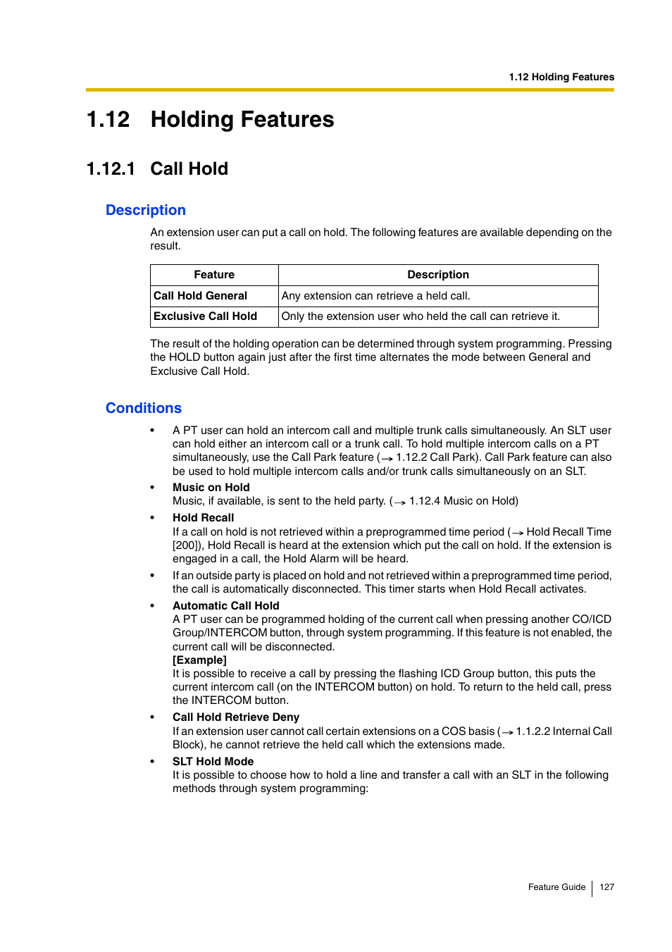 12 holding features, 1 call hold, Description | Conditions | Panasonic HYBRID IP-PBX KX-TDA200 User Manual | Page 127 / 358