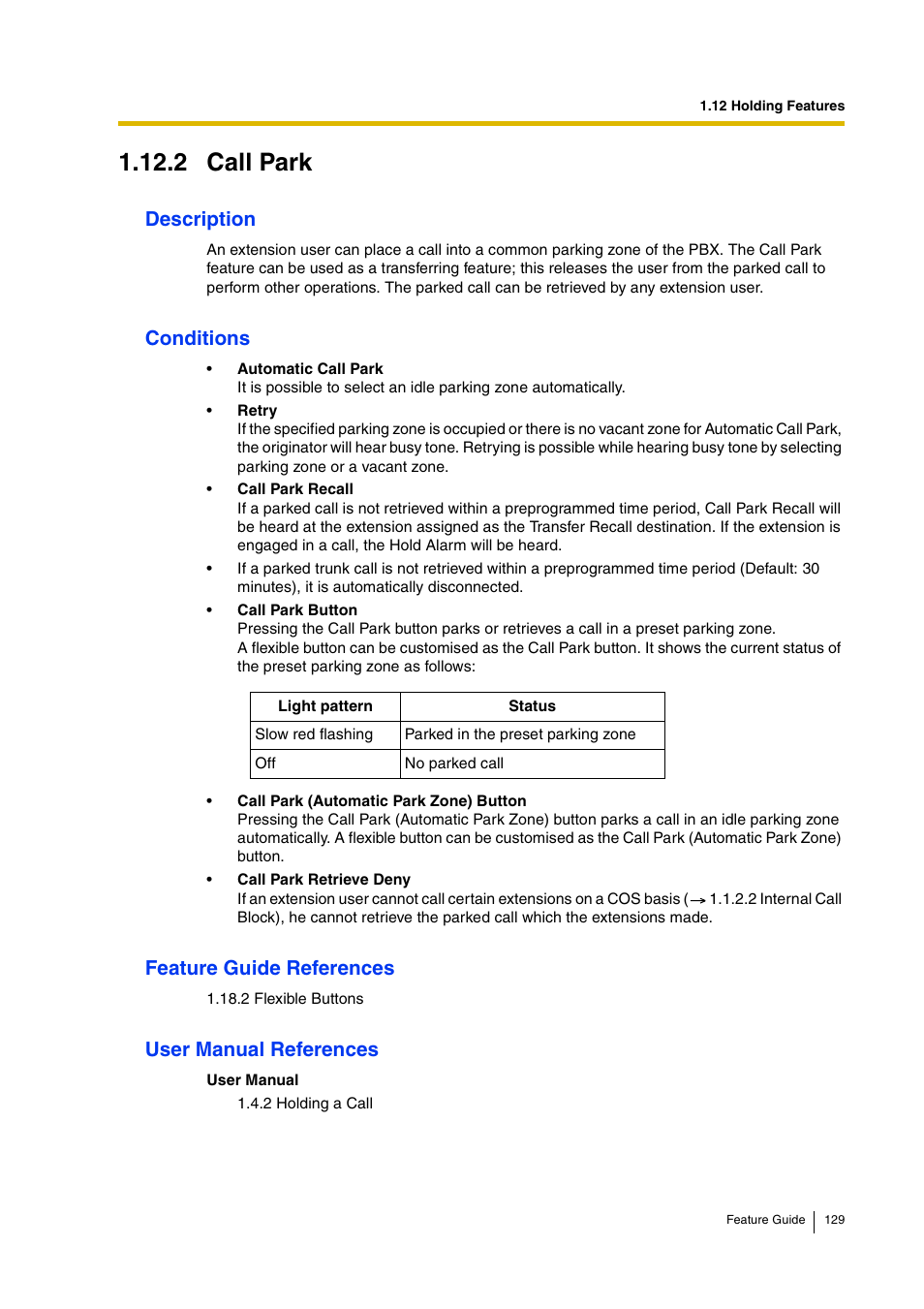 2 call park, 2 call park), Description | Conditions, Feature guide references, User manual references | Panasonic HYBRID IP-PBX KX-TDA200 User Manual | Page 129 / 358