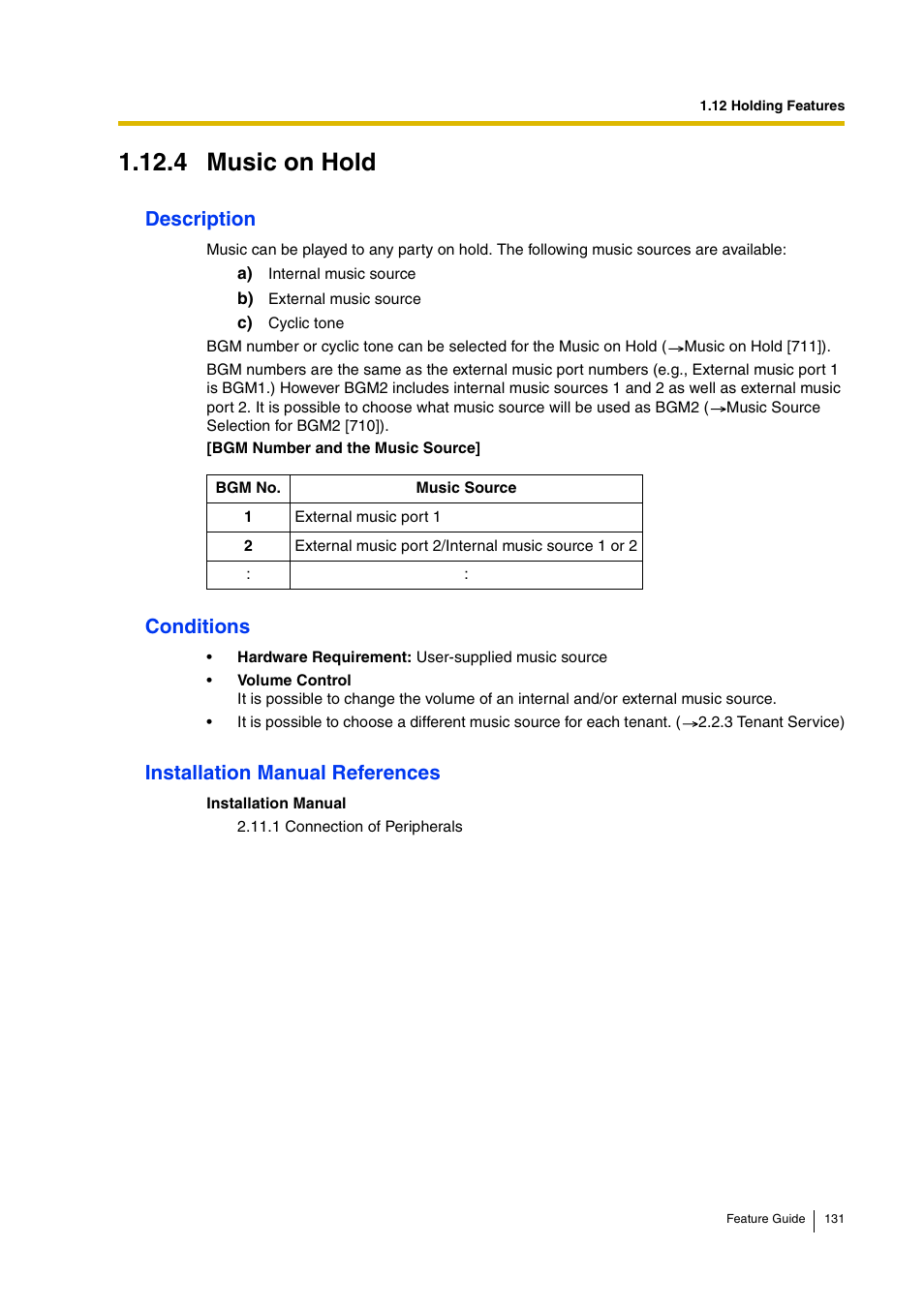 4 music on hold, 4 music on hold), Description | Conditions, Installation manual references | Panasonic HYBRID IP-PBX KX-TDA200 User Manual | Page 131 / 358