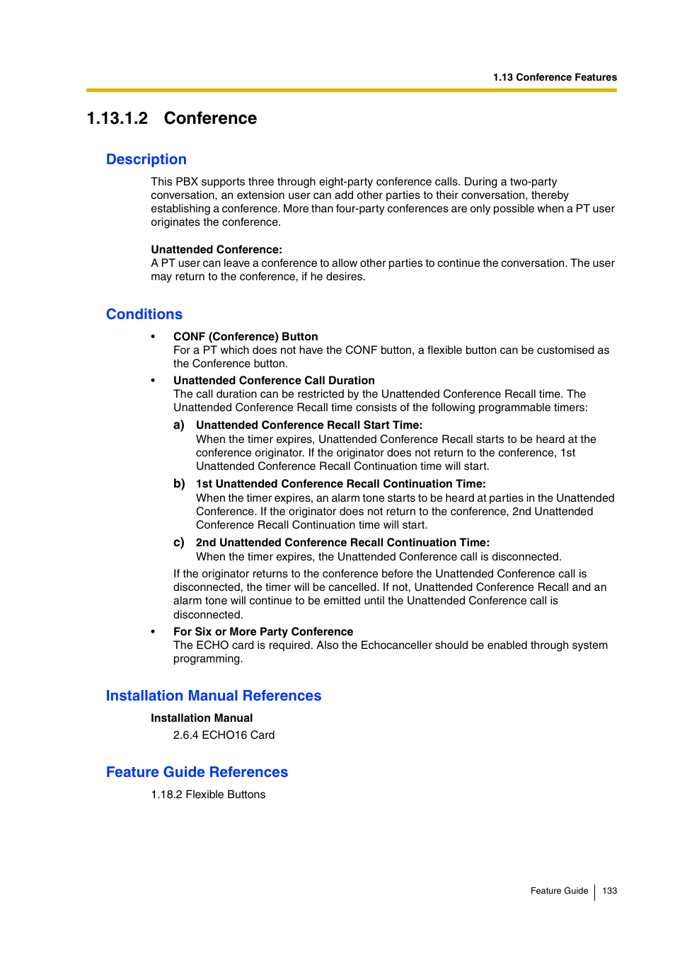 2 conference, 2 conference), Description | Conditions, Installation manual references, Feature guide references | Panasonic HYBRID IP-PBX KX-TDA200 User Manual | Page 133 / 358