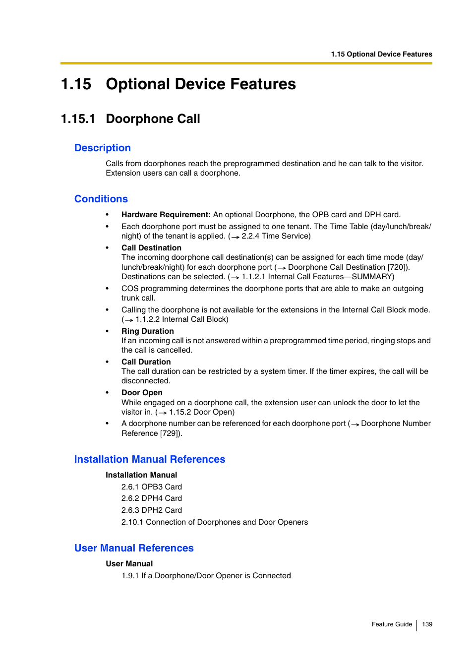 15 optional device features, 1 doorphone call, 1 doorphone call) | Description, Conditions, Installation manual references, User manual references | Panasonic HYBRID IP-PBX KX-TDA200 User Manual | Page 139 / 358