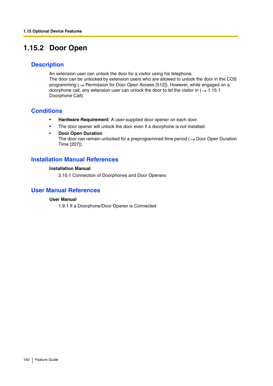 2 door open, Description, Conditions | Installation manual references, User manual references | Panasonic HYBRID IP-PBX KX-TDA200 User Manual | Page 140 / 358