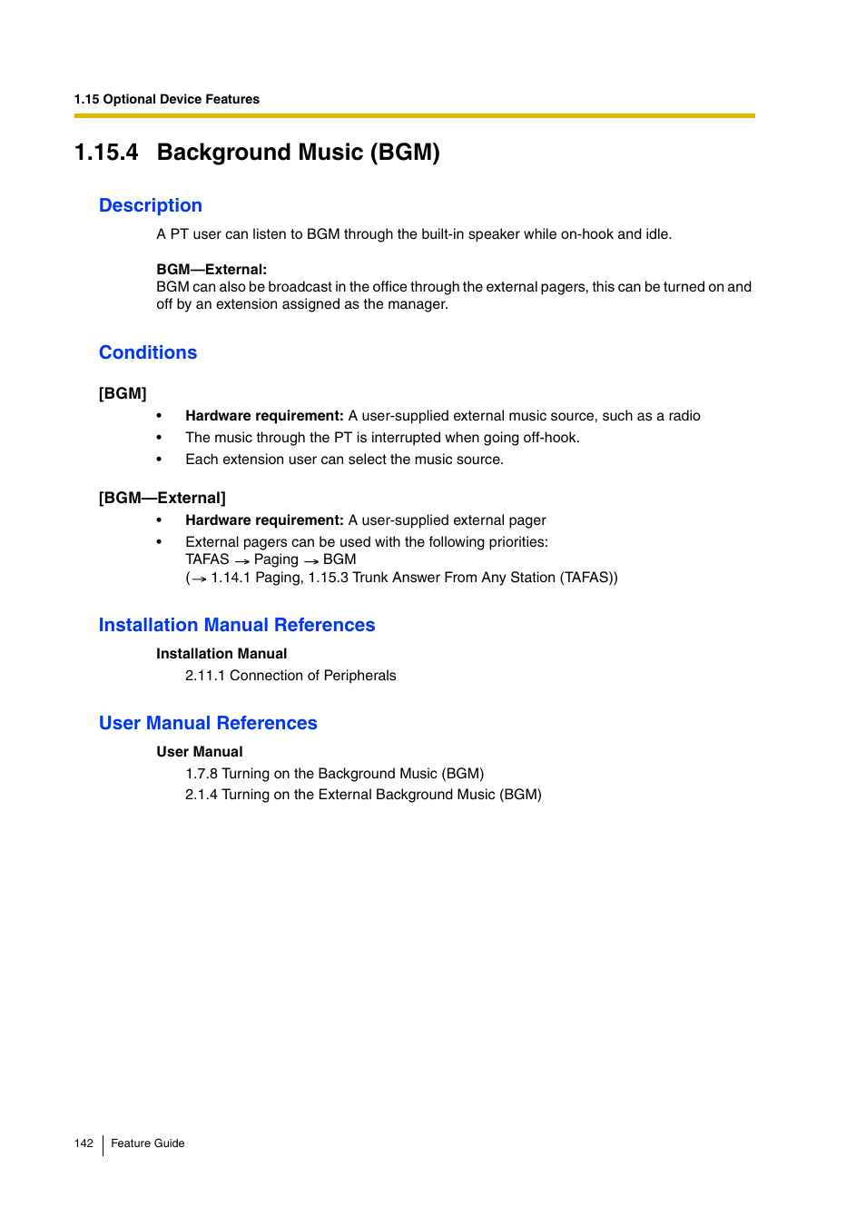 4 background music (bgm), Description, Conditions | Installation manual references, User manual references | Panasonic HYBRID IP-PBX KX-TDA200 User Manual | Page 142 / 358