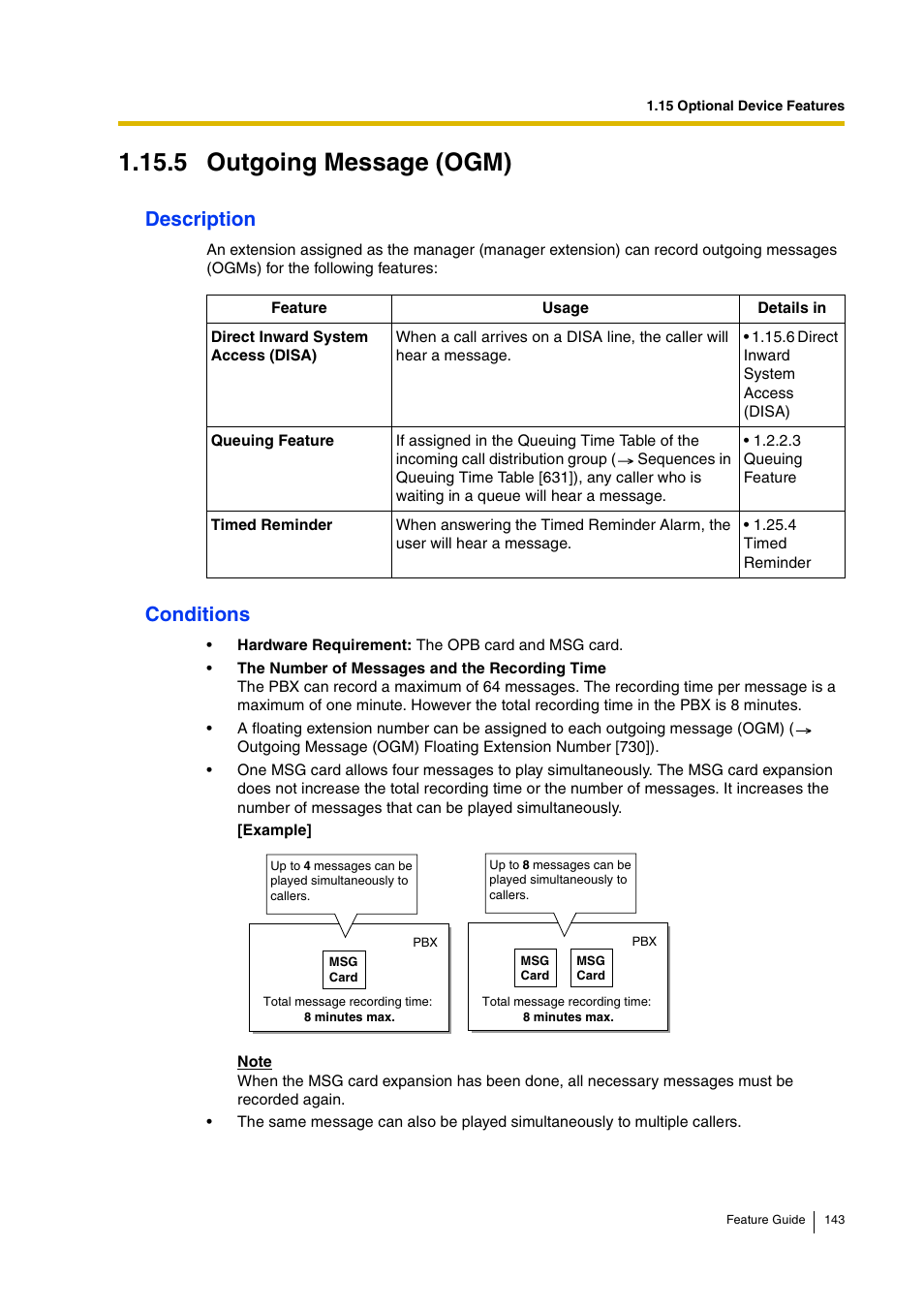 5 outgoing message (ogm), Description, Conditions | Panasonic HYBRID IP-PBX KX-TDA200 User Manual | Page 143 / 358