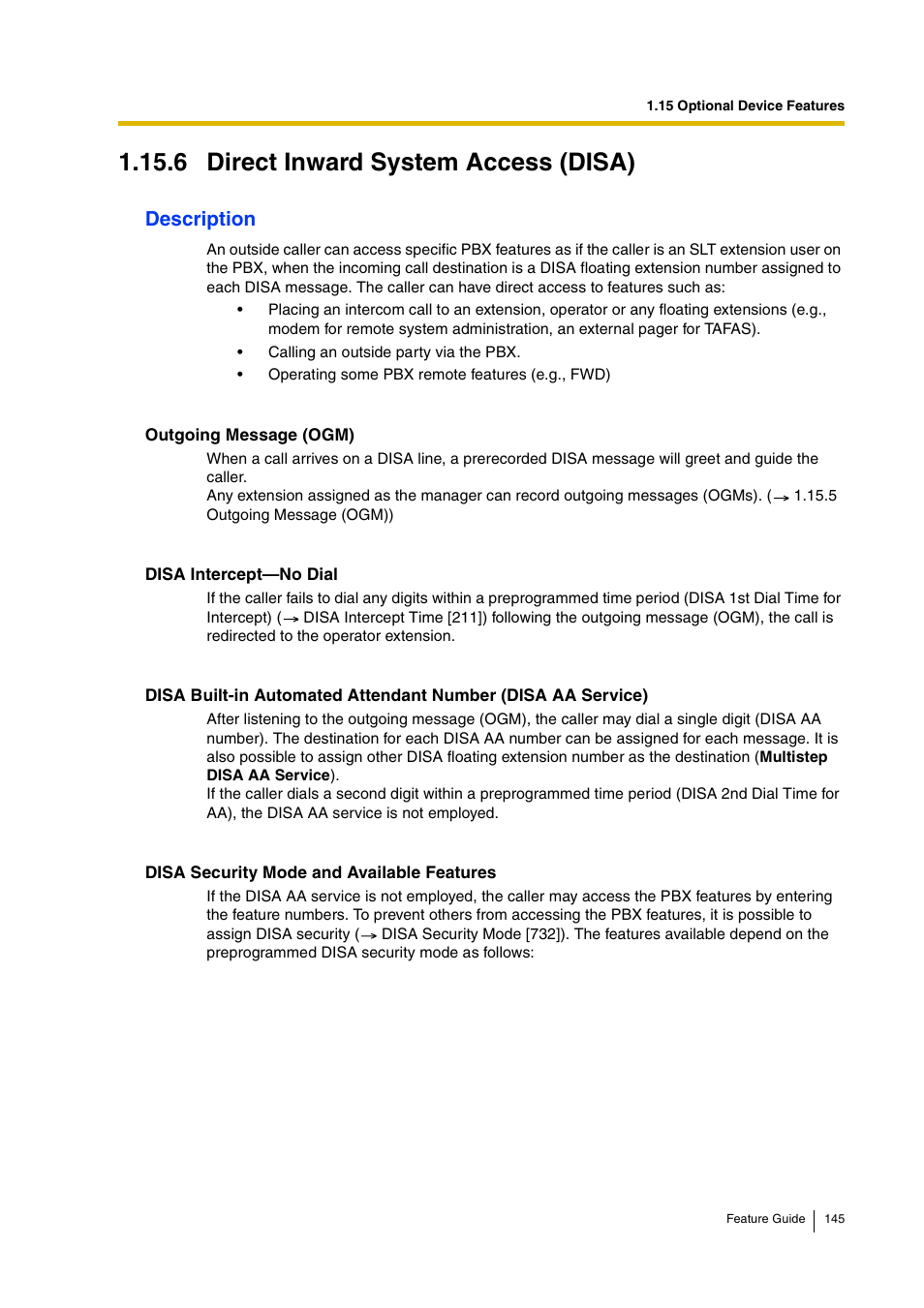 6 direct inward system access (disa), 6 direct inward system access (disa)), 6 direct inward system access | Disa), Disa)), Direct inward system access (disa)), Description | Panasonic HYBRID IP-PBX KX-TDA200 User Manual | Page 145 / 358