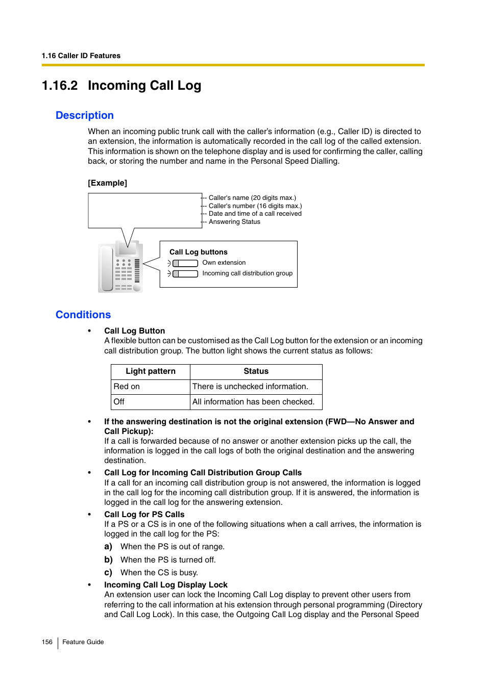 2 incoming call log, Description, Conditions | Panasonic HYBRID IP-PBX KX-TDA200 User Manual | Page 156 / 358