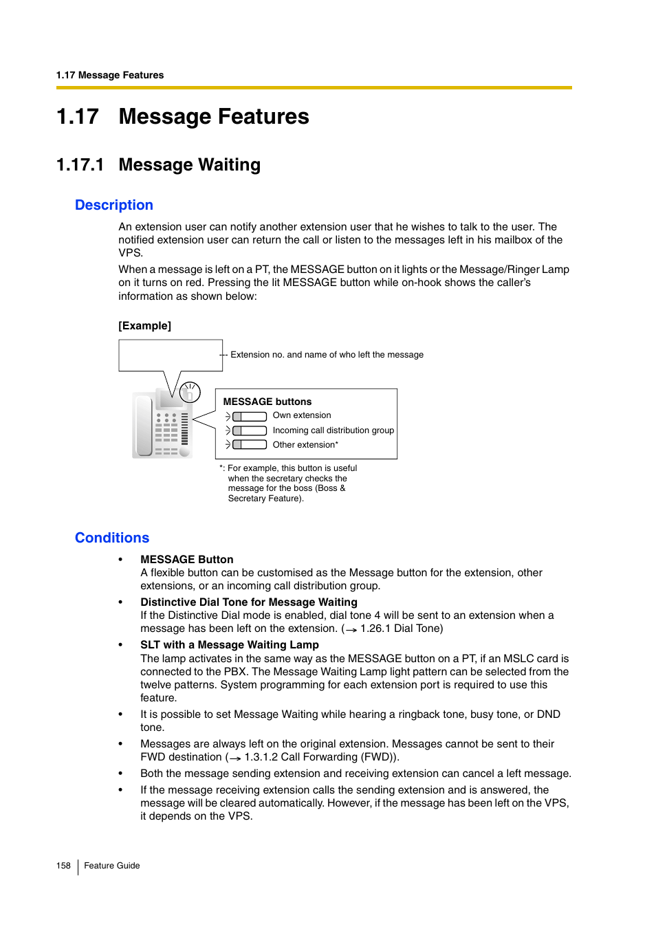 17 message features, 1 message waiting, 1 message waiting) | Description, Conditions | Panasonic HYBRID IP-PBX KX-TDA200 User Manual | Page 158 / 358