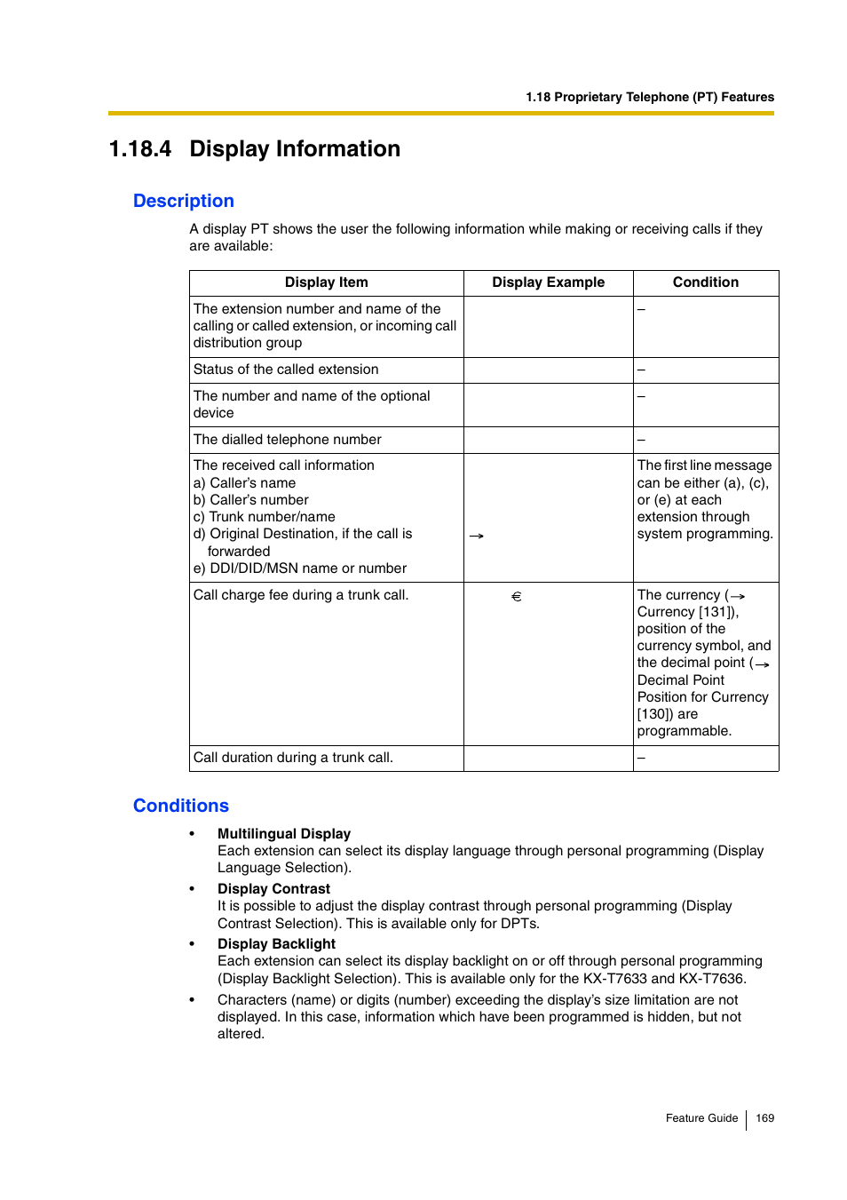 4 display information, Description, Conditions | Panasonic HYBRID IP-PBX KX-TDA200 User Manual | Page 169 / 358