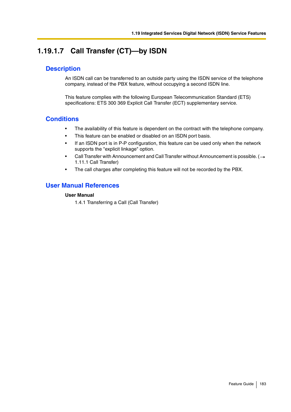 7 call transfer (ct)—by isdn, 7 call transfer, Ct)—by isdn | Description, Conditions, User manual references | Panasonic HYBRID IP-PBX KX-TDA200 User Manual | Page 183 / 358