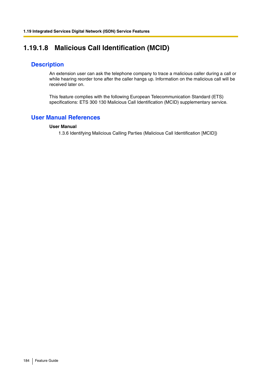 8 malicious call identification (mcid), Description, User manual references | Panasonic HYBRID IP-PBX KX-TDA200 User Manual | Page 184 / 358