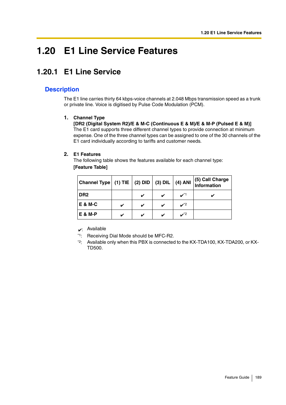 20 e1 line service features, 1 e1 line service, Description | Panasonic HYBRID IP-PBX KX-TDA200 User Manual | Page 189 / 358