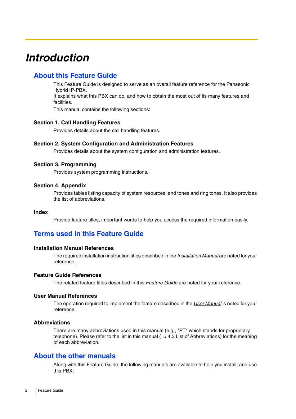 Introduction, About this feature guide, Terms used in this feature guide | About the other manuals | Panasonic HYBRID IP-PBX KX-TDA200 User Manual | Page 2 / 358