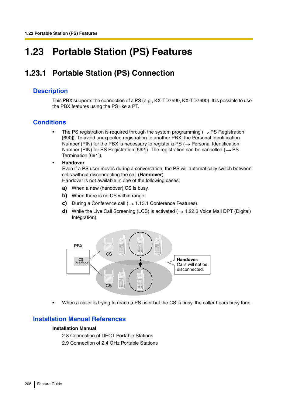 23 portable station (ps) features, 1 portable station (ps) connection, Description | Conditions, Installation manual references | Panasonic HYBRID IP-PBX KX-TDA200 User Manual | Page 208 / 358