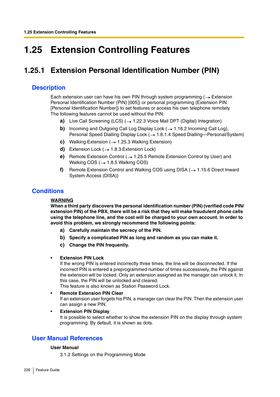 25 extension controlling features, 1 extension personal identification number (pin), 1 extension personal identification number (pin)) | Extension personal identification number (pin)), 1 extension personal identification, Number (pin)), Description, Conditions, User manual references | Panasonic HYBRID IP-PBX KX-TDA200 User Manual | Page 226 / 358