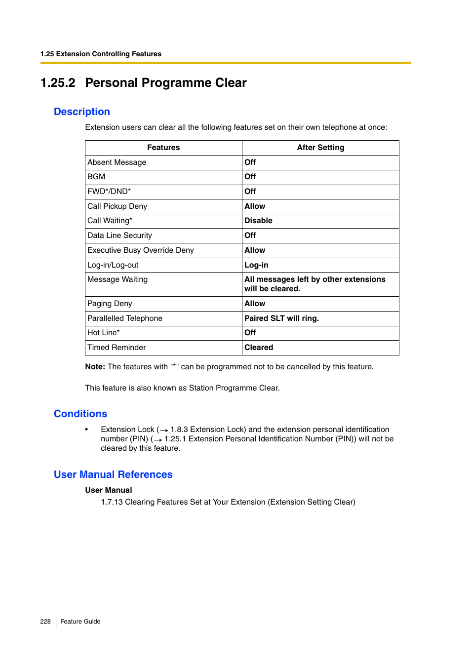 2 personal programme clear, Description, Conditions | User manual references | Panasonic HYBRID IP-PBX KX-TDA200 User Manual | Page 228 / 358