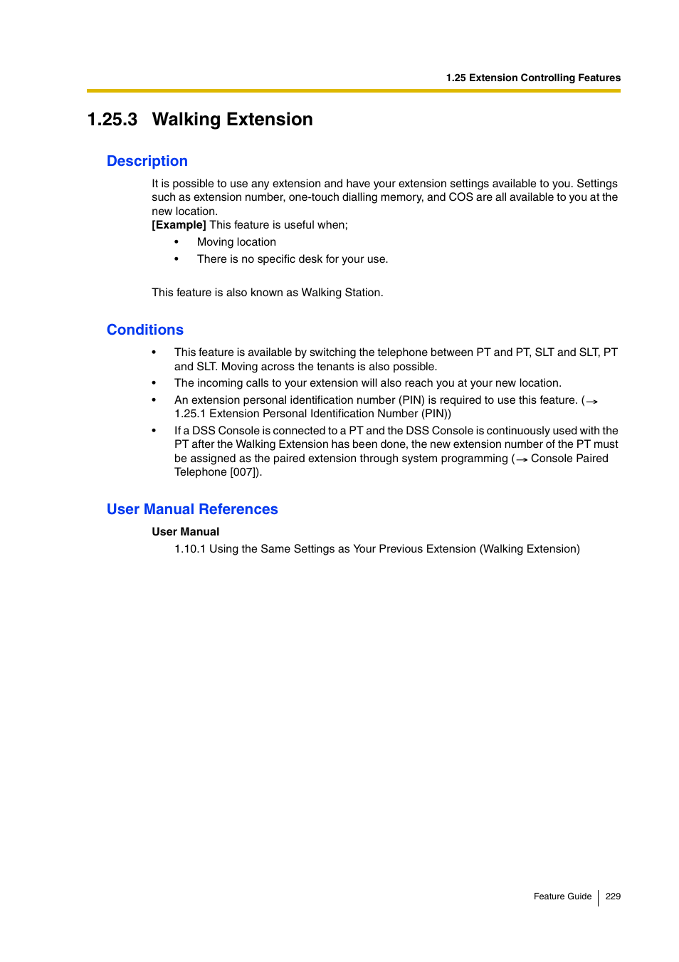3 walking extension, 3 walking extension), Description | Conditions, User manual references | Panasonic HYBRID IP-PBX KX-TDA200 User Manual | Page 229 / 358