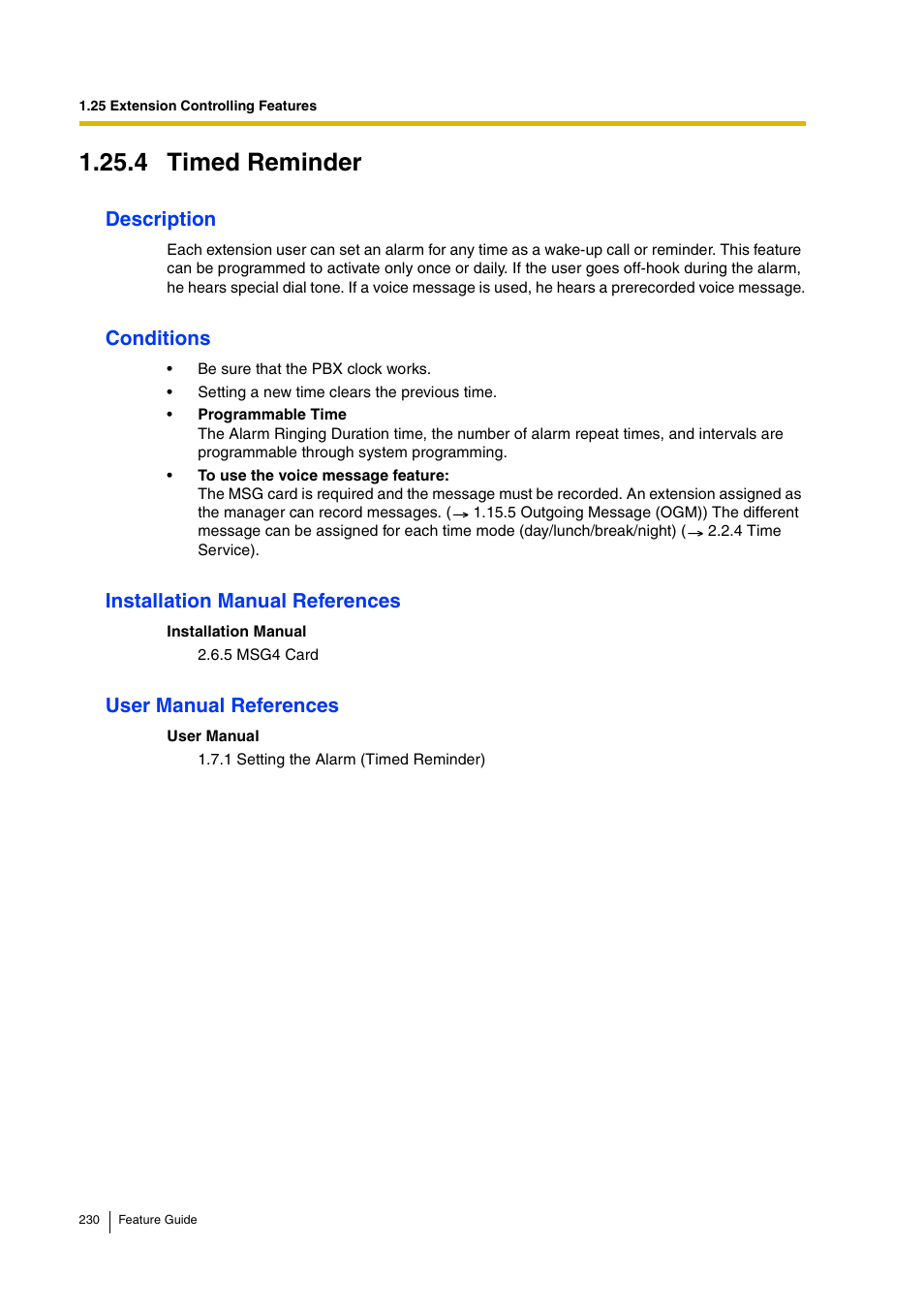 4 timed reminder, Description, Conditions | Installation manual references, User manual references | Panasonic HYBRID IP-PBX KX-TDA200 User Manual | Page 230 / 358