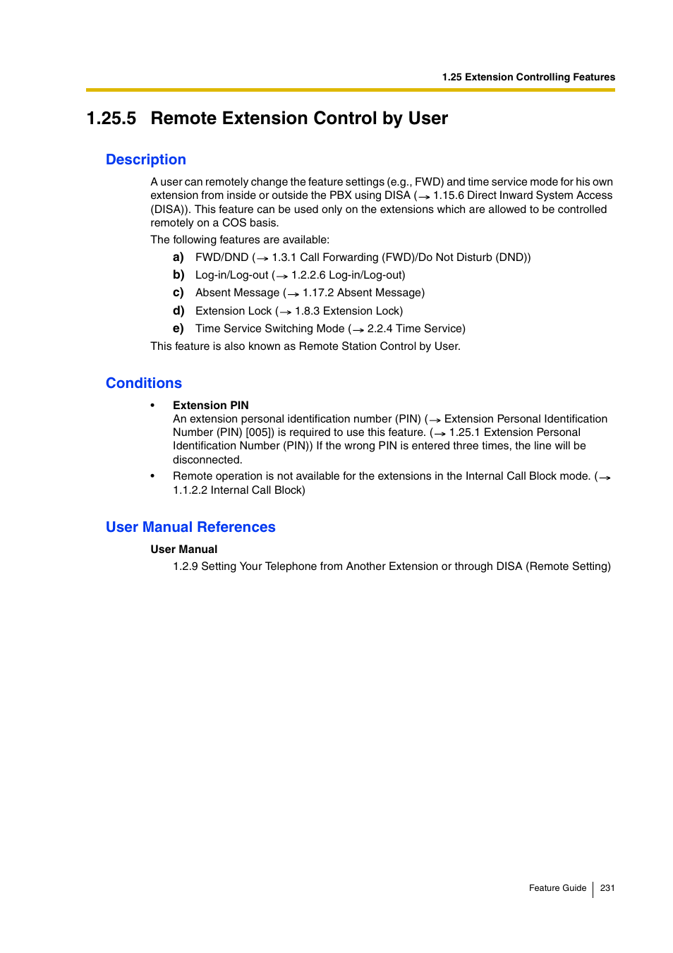 5 remote extension control by user, 5 remote, Extension control by user | Description, Conditions, User manual references | Panasonic HYBRID IP-PBX KX-TDA200 User Manual | Page 231 / 358