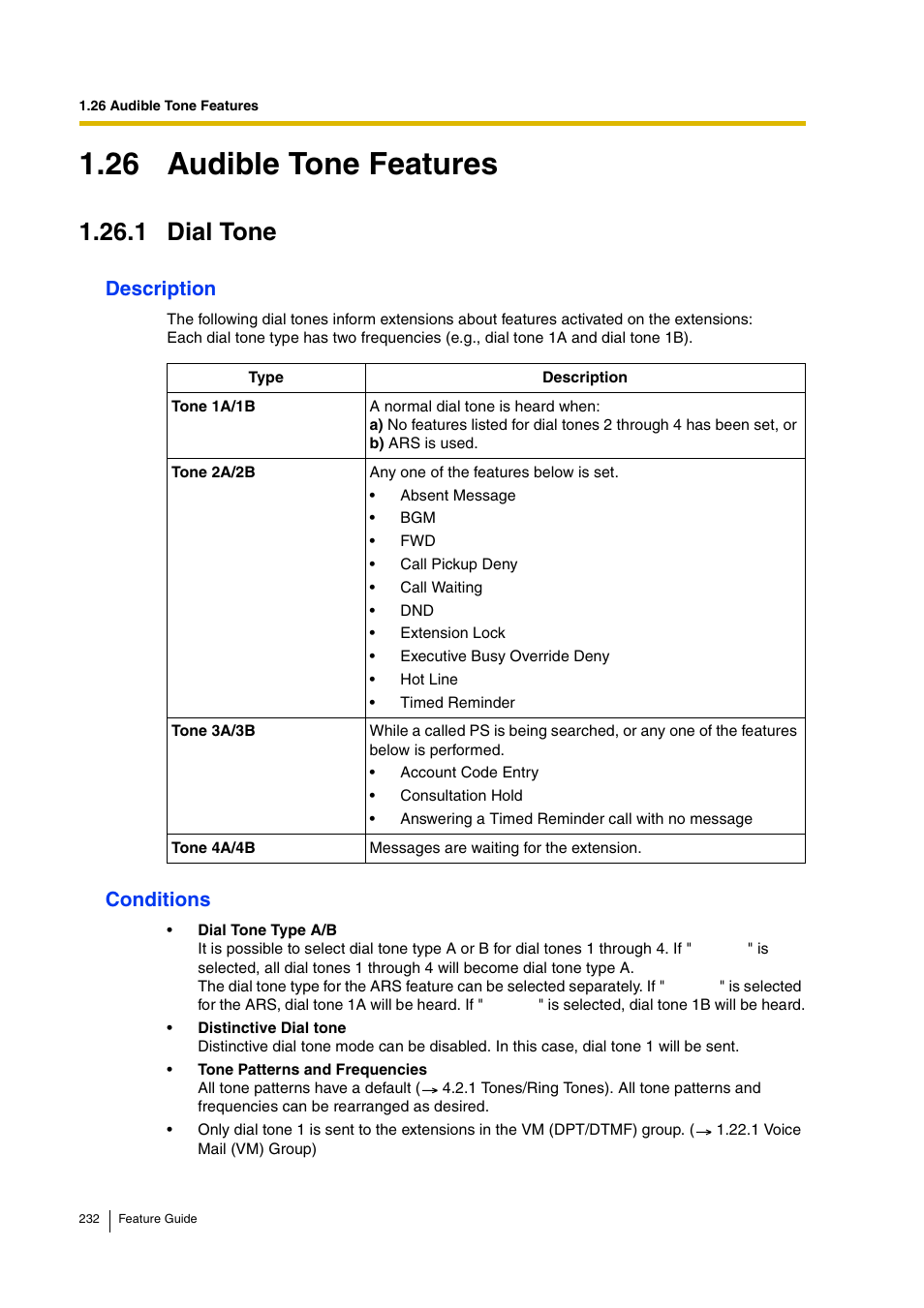 26 audible tone features, 1 dial tone, Description | Conditions | Panasonic HYBRID IP-PBX KX-TDA200 User Manual | Page 232 / 358
