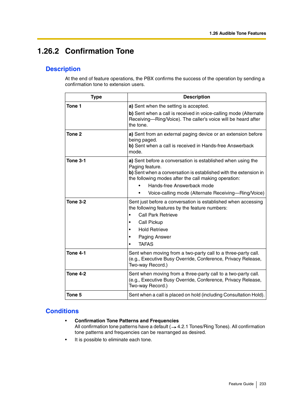 2 confirmation tone, Description, Conditions | Panasonic HYBRID IP-PBX KX-TDA200 User Manual | Page 233 / 358