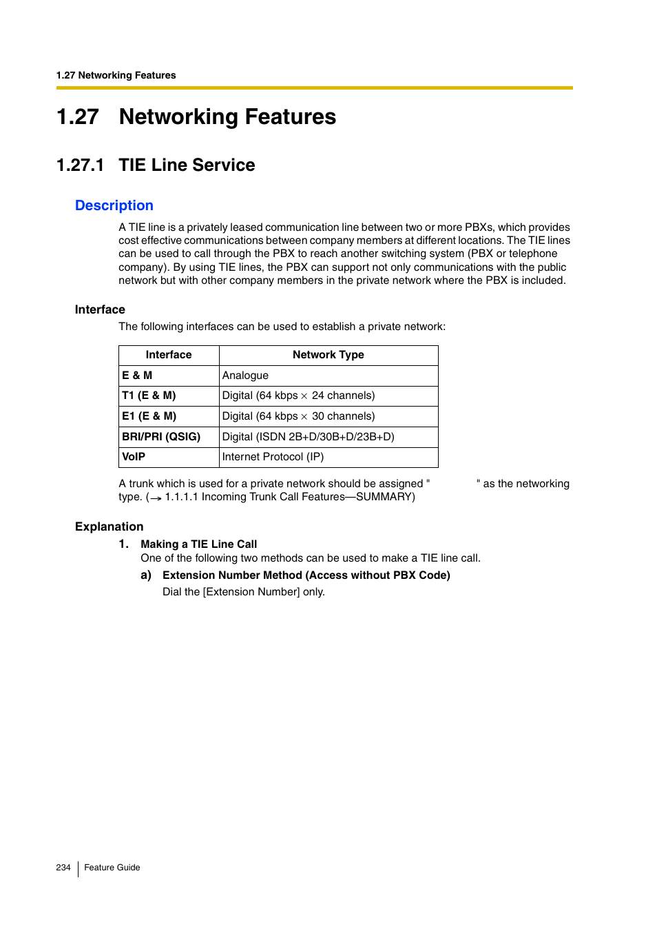 27 networking features, 1 tie line service, 1 tie line service) | 1 tie line, Service), 1 tie, Line service), Description | Panasonic HYBRID IP-PBX KX-TDA200 User Manual | Page 234 / 358