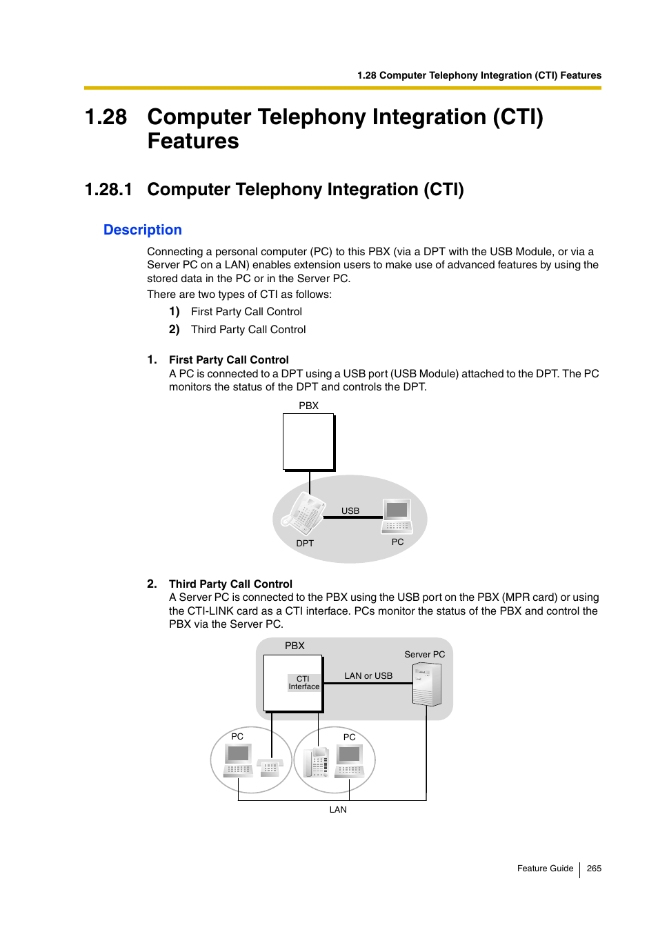 28 computer telephony integration (cti) features, 1 computer telephony integration (cti), Description | Panasonic HYBRID IP-PBX KX-TDA200 User Manual | Page 265 / 358