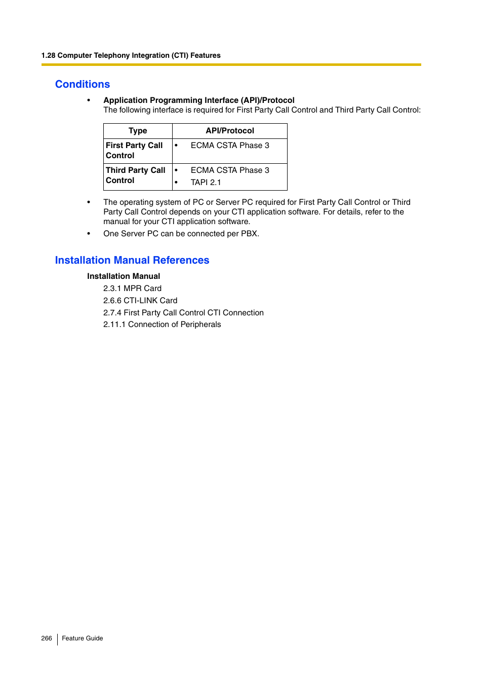 Conditions, Installation manual references | Panasonic HYBRID IP-PBX KX-TDA200 User Manual | Page 266 / 358