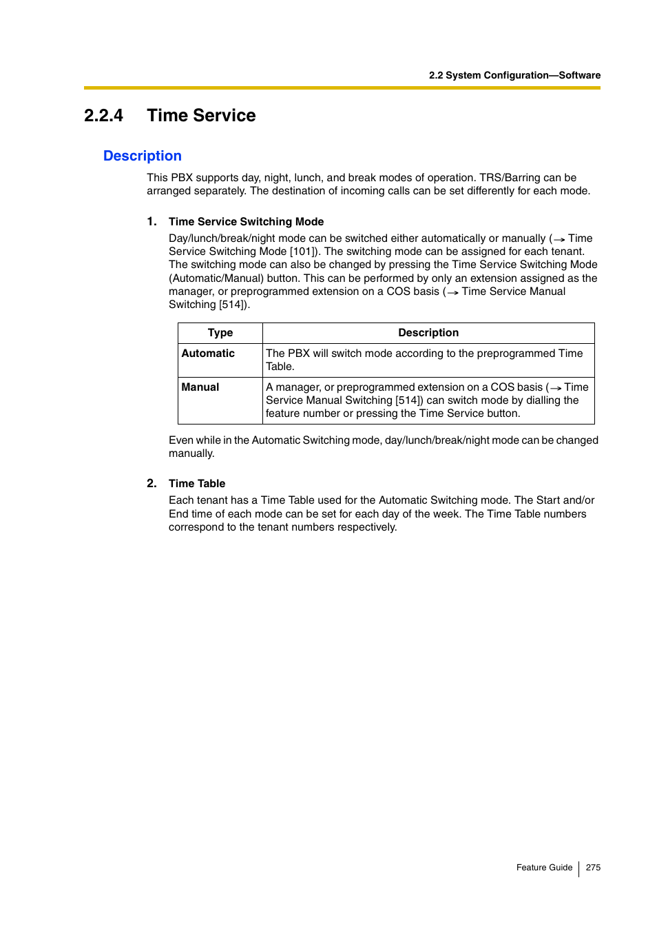 4 time service, 4 time service), Time service) | Description | Panasonic HYBRID IP-PBX KX-TDA200 User Manual | Page 275 / 358