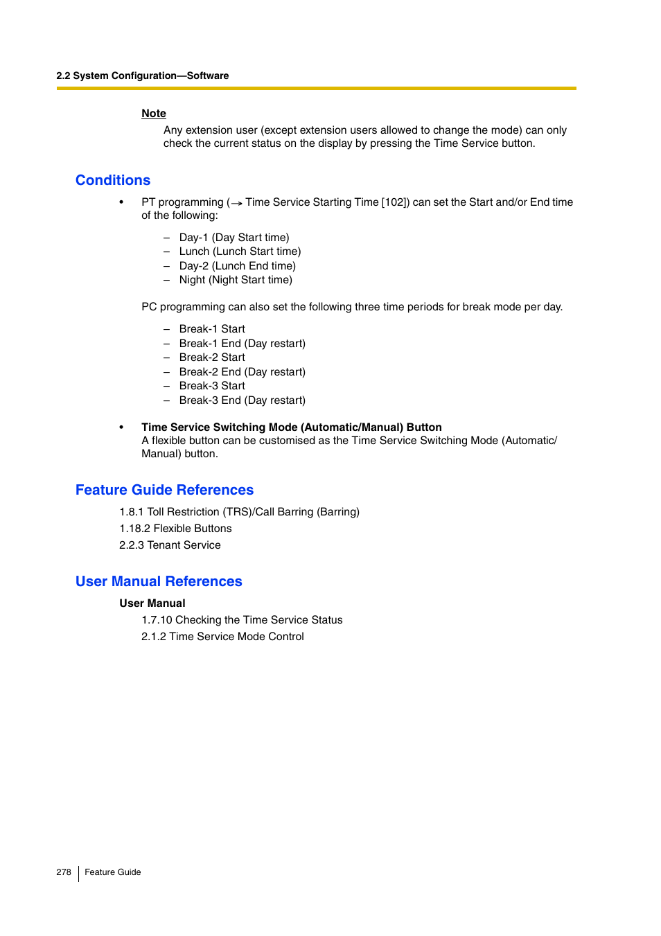 Conditions, Feature guide references, User manual references | Panasonic HYBRID IP-PBX KX-TDA200 User Manual | Page 278 / 358