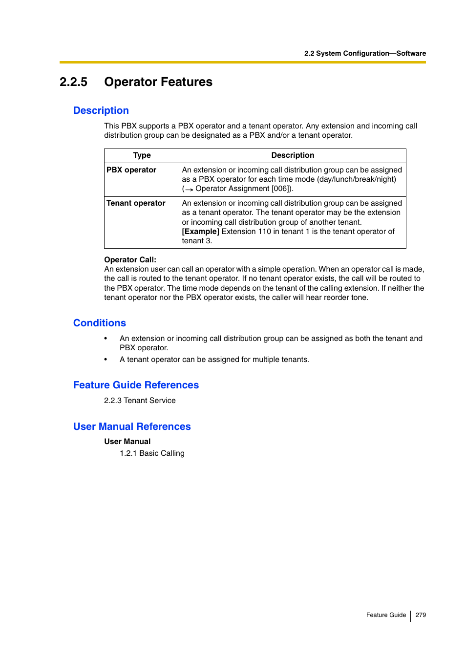 5 operator features, 5 operator features), Description | Conditions, Feature guide references, User manual references | Panasonic HYBRID IP-PBX KX-TDA200 User Manual | Page 279 / 358