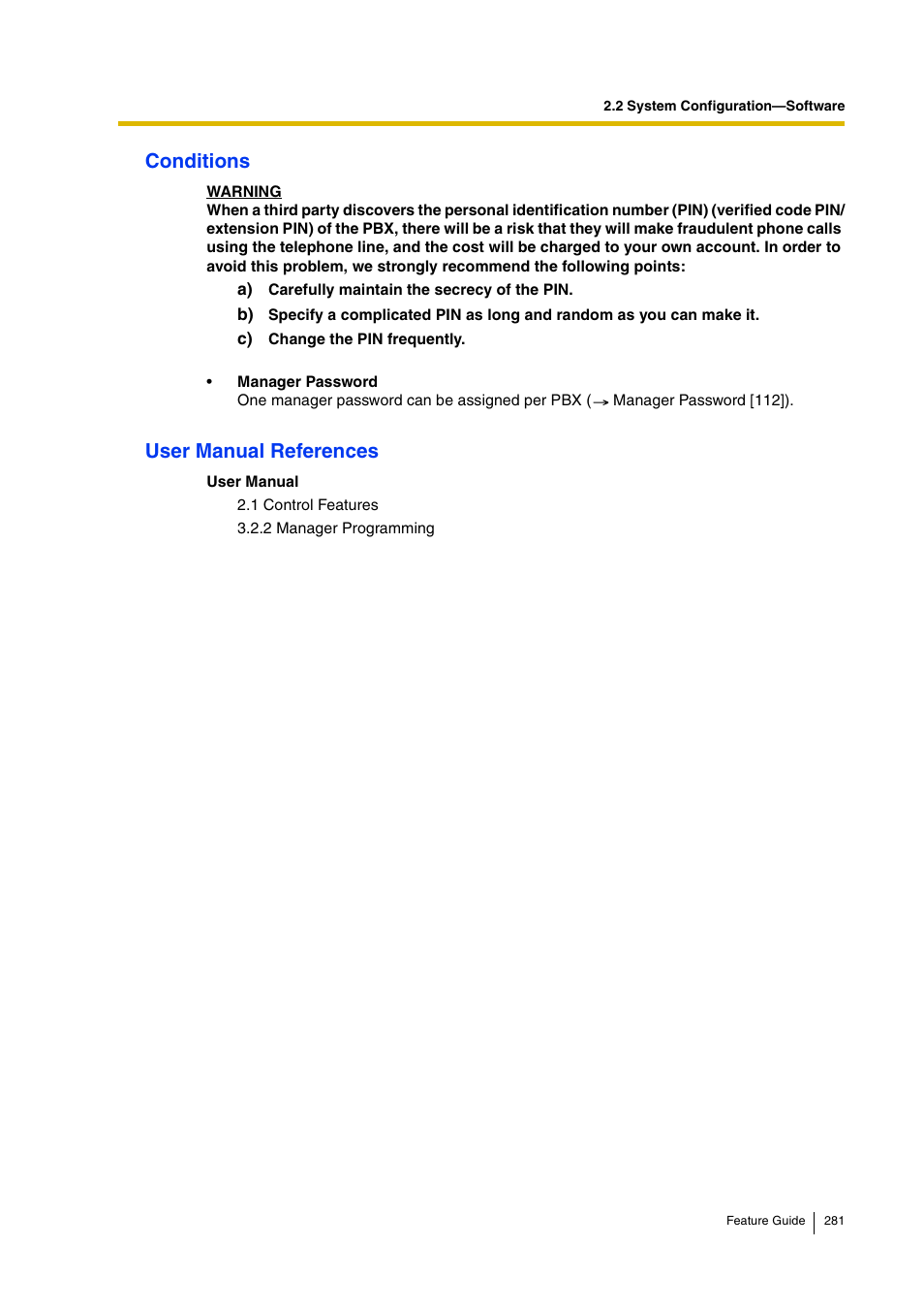 Conditions, User manual references | Panasonic HYBRID IP-PBX KX-TDA200 User Manual | Page 281 / 358