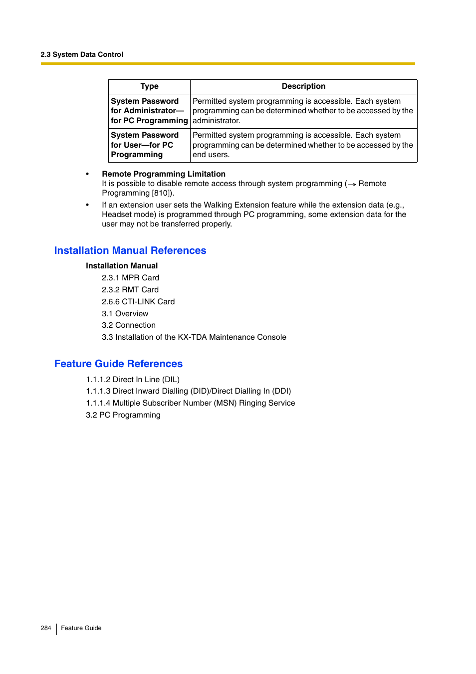 Installation manual references, Feature guide references | Panasonic HYBRID IP-PBX KX-TDA200 User Manual | Page 284 / 358