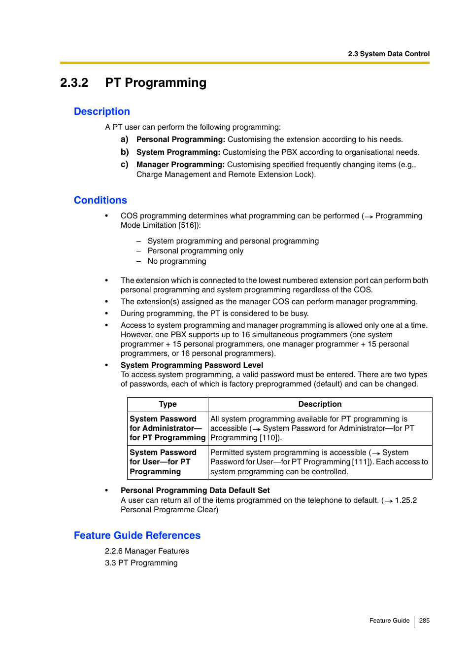 2 pt programming, 2 pt, Programming) | 2 pt programming), Description, Conditions, Feature guide references | Panasonic HYBRID IP-PBX KX-TDA200 User Manual | Page 285 / 358