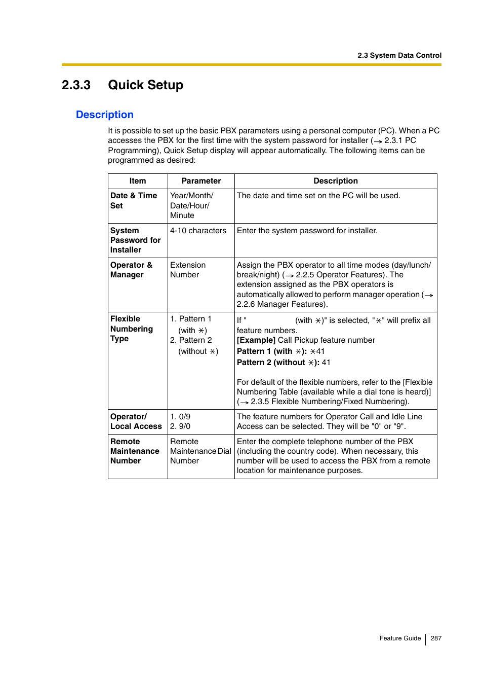 3 quick setup, Description | Panasonic HYBRID IP-PBX KX-TDA200 User Manual | Page 287 / 358