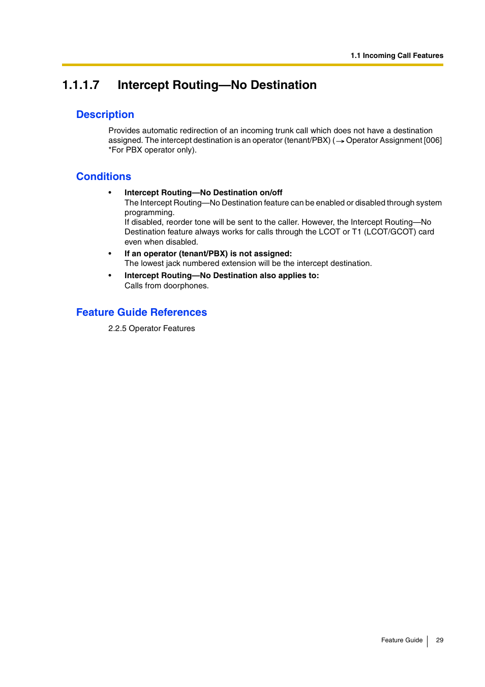 7 intercept routing—no destination, Description, Conditions | Feature guide references | Panasonic HYBRID IP-PBX KX-TDA200 User Manual | Page 29 / 358