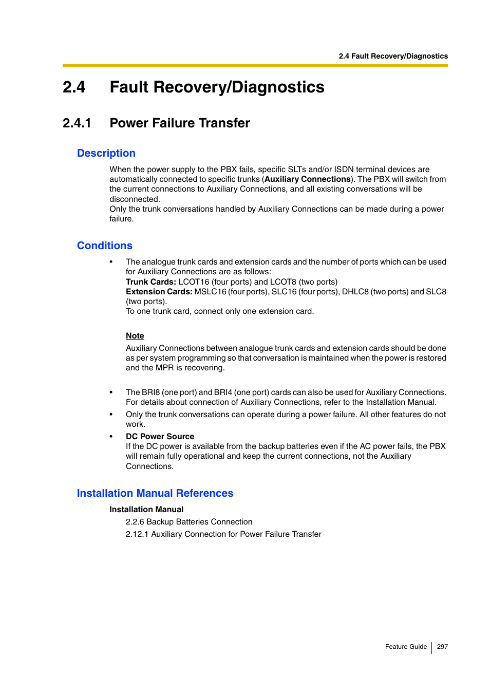 4 fault recovery/diagnostics, 1 power failure transfer | Panasonic HYBRID IP-PBX KX-TDA200 User Manual | Page 297 / 358