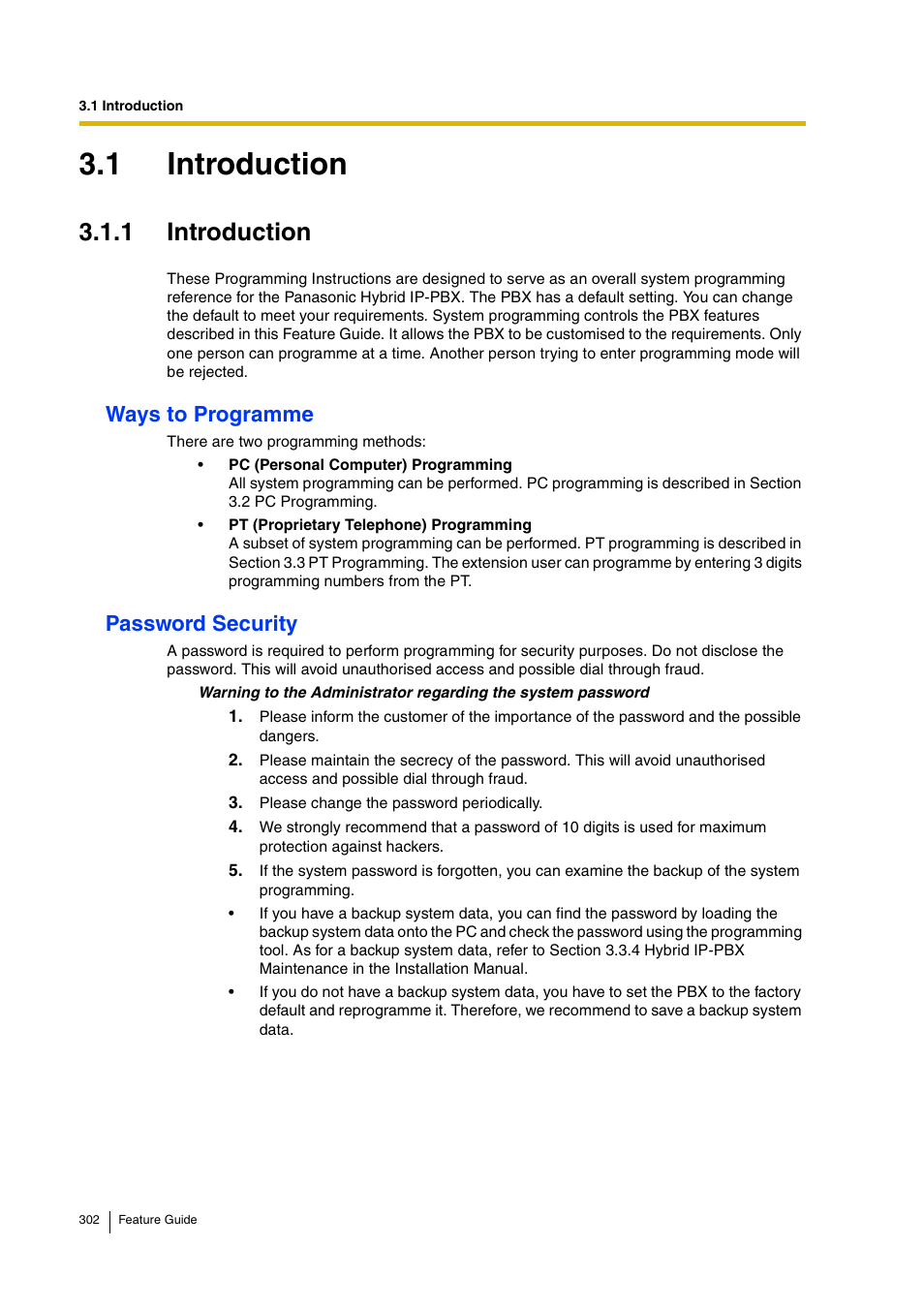 1 introduction, Ways to programme, Password security | Panasonic HYBRID IP-PBX KX-TDA200 User Manual | Page 302 / 358