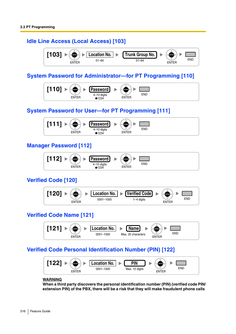 Idle line access (local access) [103, System password for user—for pt programming [111, Manager password [112 | Verified code [120, Verified code name [121, System password for administrator—for pt, Programming [110]), System, Password for user—for pt programming [111]) | Panasonic HYBRID IP-PBX KX-TDA200 User Manual | Page 316 / 358