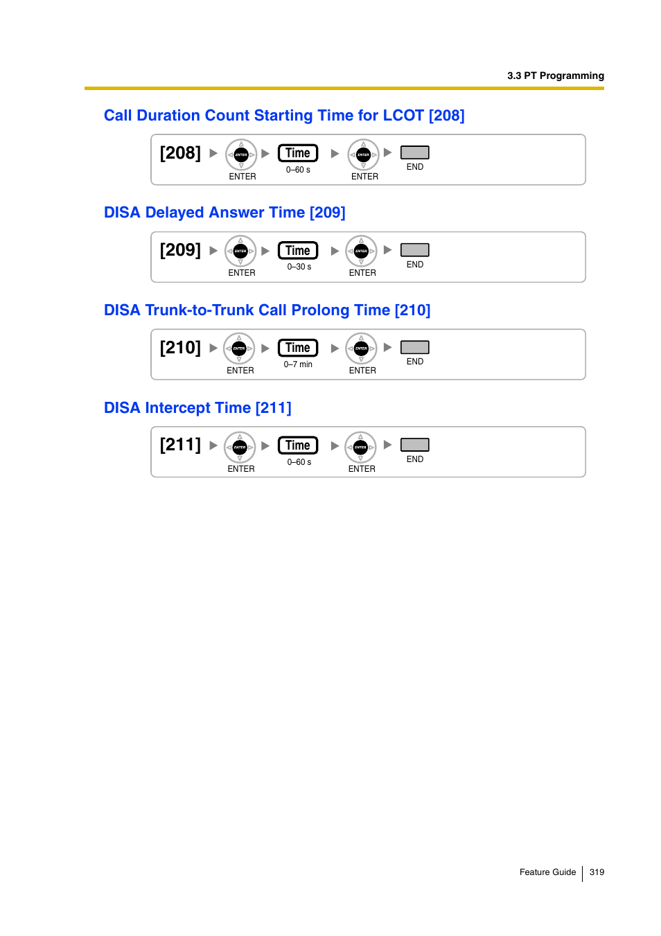 Call duration count starting time for lcot [208, Disa delayed answer time [209, Disa trunk-to-trunk call prolong time [210 | Disa intercept time [211, Disa intercept time [211]), Disa delayed answer time [209]), Call duration count starting time for, Lcot [208 | Panasonic HYBRID IP-PBX KX-TDA200 User Manual | Page 319 / 358