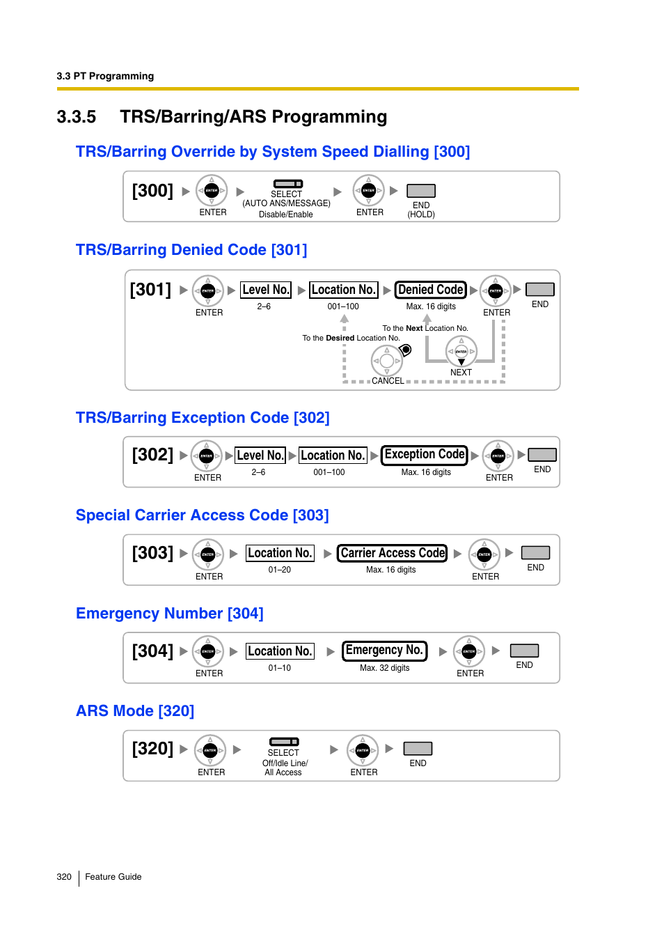 5 trs/barring/ars programming, Trs/barring override by system speed dialling [300, Trs/barring denied code [301 | Trs/barring exception code [302, Special carrier access code [303, Emergency number [304, Ars mode [320, Emergency number, Special carrier access code [303]), Ars mode [320]) | Panasonic HYBRID IP-PBX KX-TDA200 User Manual | Page 320 / 358