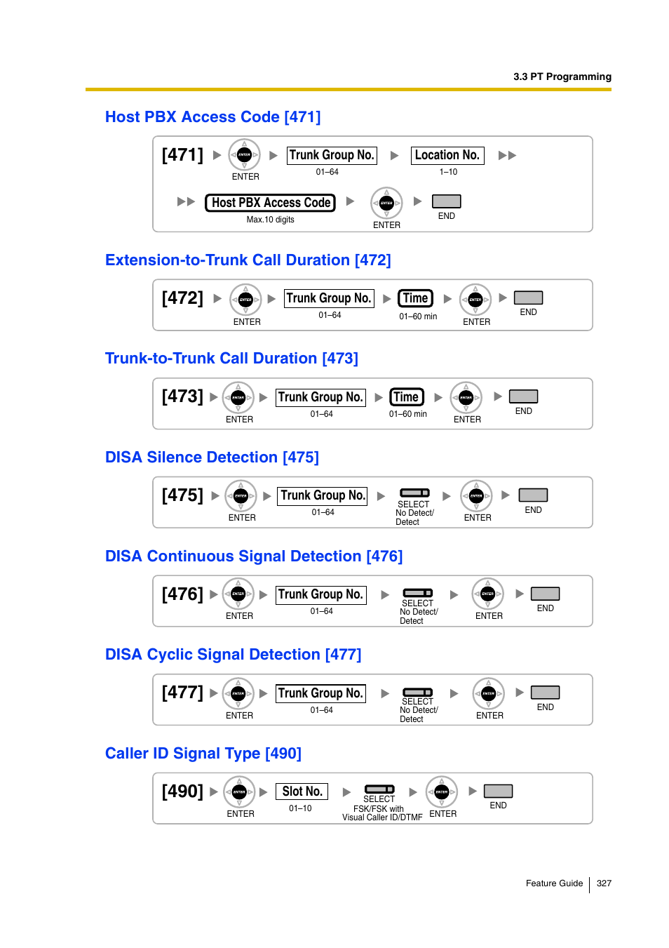 Host pbx access code [471, Extension-to-trunk call duration [472, Trunk-to-trunk call duration [473 | Disa silence detection [475, Disa continuous signal detection [476, Disa cyclic signal detection [477, Caller id signal type [490, Extension-to-trunk, Call duration [472, Trunk-to-trunk call duration [473]) | Panasonic HYBRID IP-PBX KX-TDA200 User Manual | Page 327 / 358