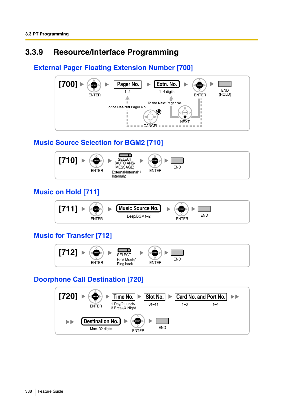 9 resource/interface programming, Music source selection for bgm2 [710, Music on hold [711 | Music for transfer [712, Doorphone call destination [720, Doorphone call destination, Music source, Selection for bgm2 [710, Doorphone call destination [720]), Music on hold [711]) | Panasonic HYBRID IP-PBX KX-TDA200 User Manual | Page 338 / 358