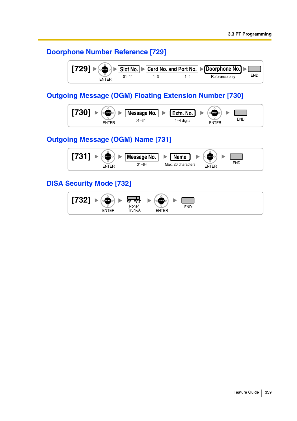 Doorphone number reference [729, Outgoing message (ogm) name [731, Disa security mode [732 | Doorphone number, Reference [729]), Disa security mode [732]), Outgoing message (ogm) name [731]), Outgoing, Message (ogm) floating extension number [730]) | Panasonic HYBRID IP-PBX KX-TDA200 User Manual | Page 339 / 358