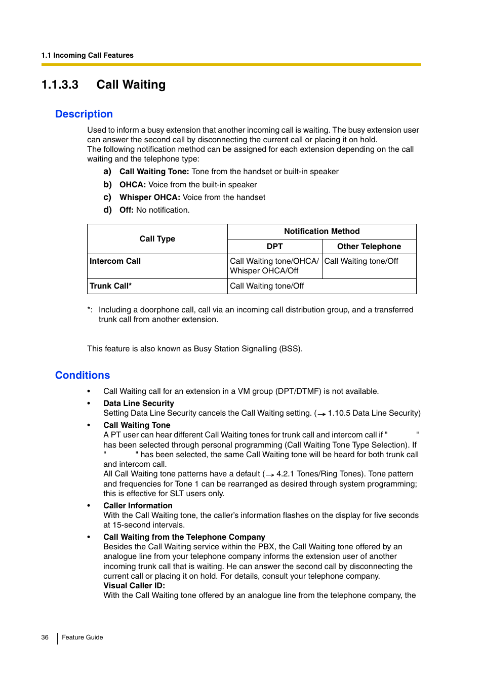 3 call waiting, Description, Conditions | Panasonic HYBRID IP-PBX KX-TDA200 User Manual | Page 36 / 358