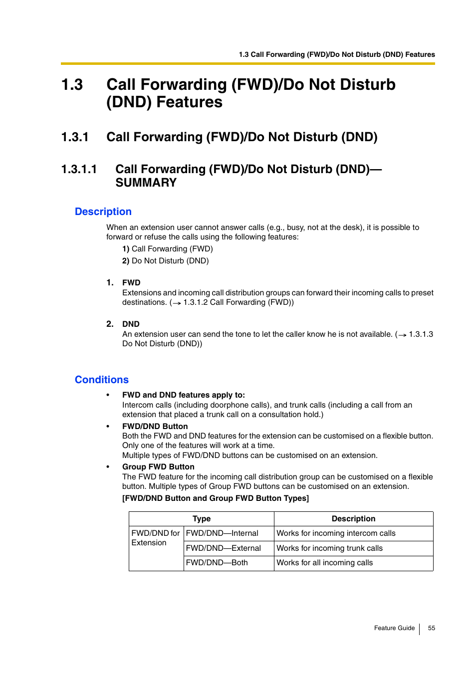 1 call forwarding (fwd)/do not disturb (dnd) | Panasonic HYBRID IP-PBX KX-TDA200 User Manual | Page 55 / 358