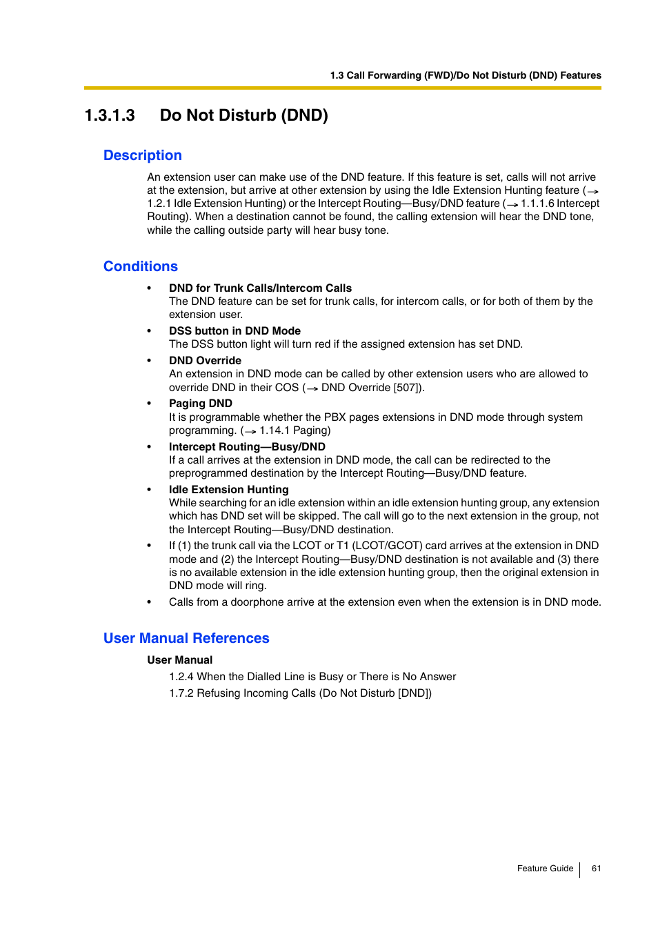 3 do not disturb (dnd), Description, Conditions | User manual references | Panasonic HYBRID IP-PBX KX-TDA200 User Manual | Page 61 / 358